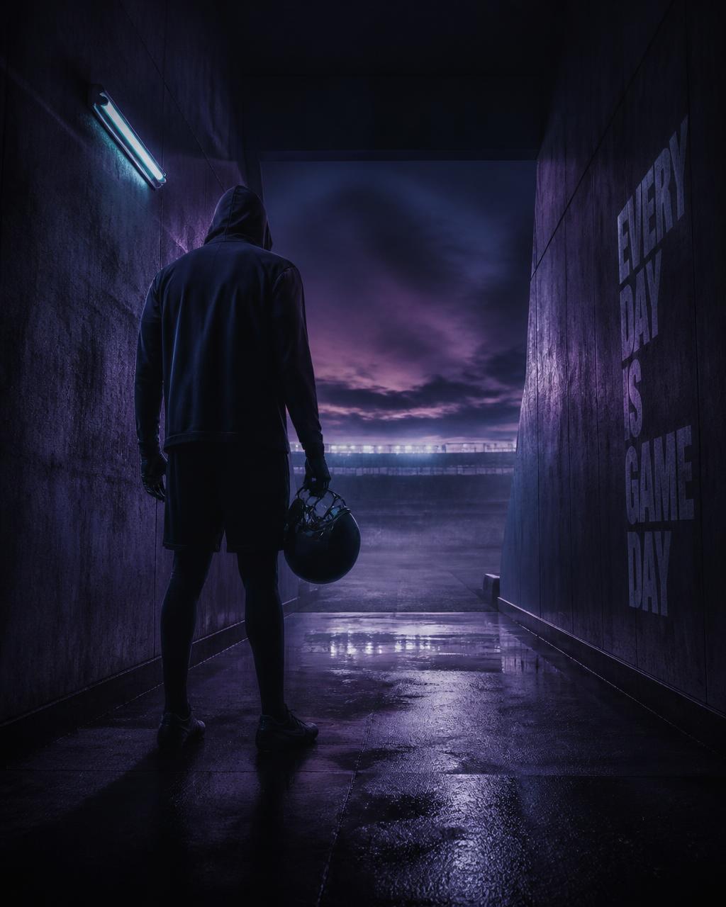 Athlete in a dark stadium tunnel at dawn
